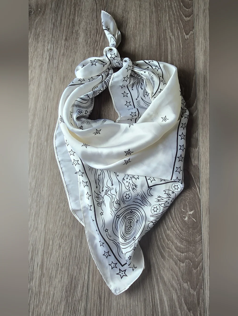 Whimsigoth Celestial Sun Moon Stars Bandana Scarf White Black Silky 27